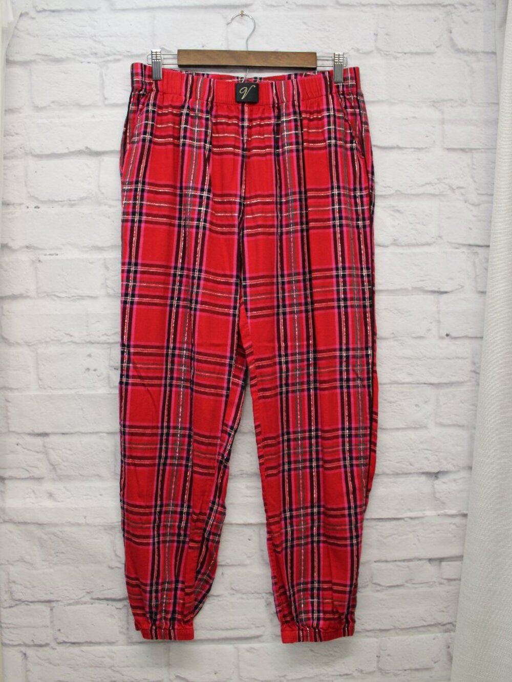 Victoria's Secret Small Red Metallic Plaid Pull On Jogger Lounge Pajama Pants